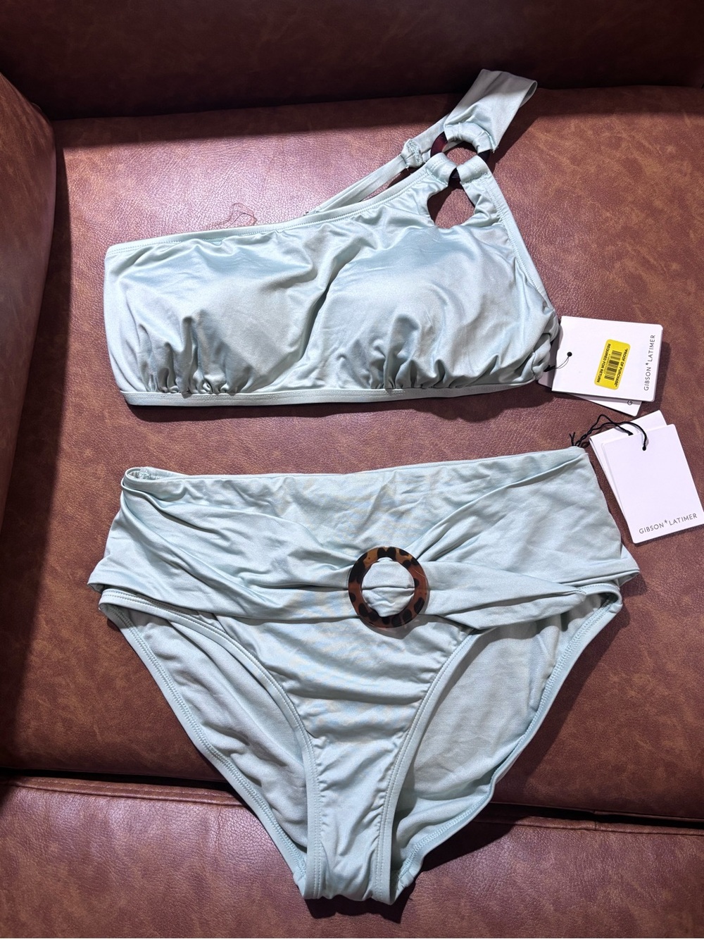 NWT Gibson Latimer Mint One-Shoulder Bikini with Tortoiseshell Ring